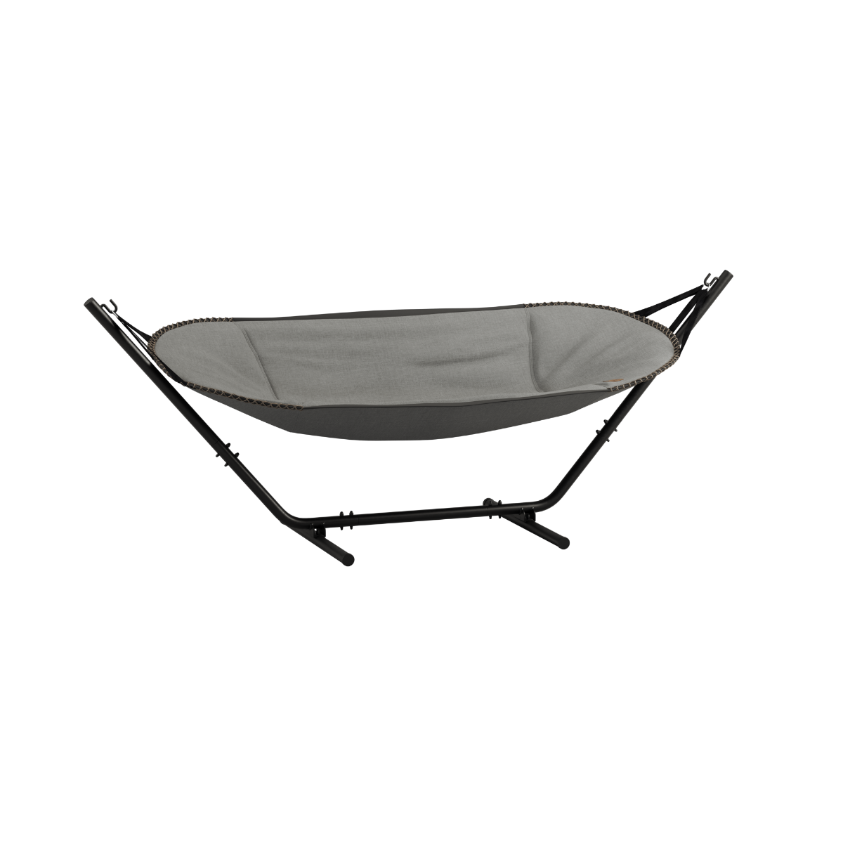 Kirra Grey Cobana Hammock with black powder-coated aluminum frame in outdoor setting