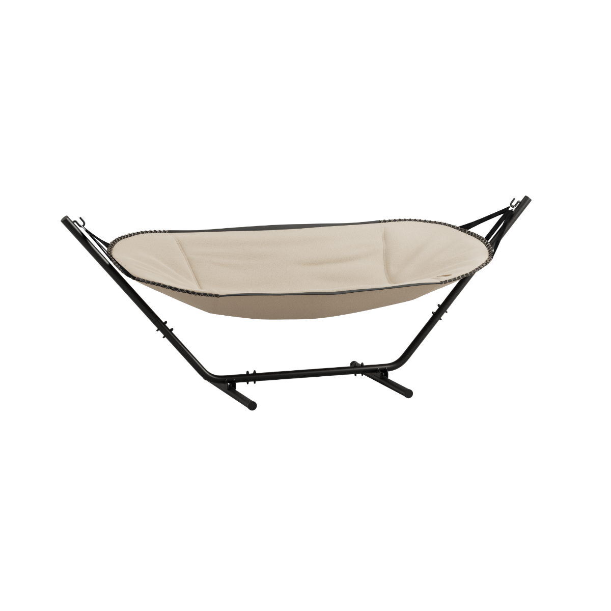 Cobana Hammock with boucle beige fabric and black powder-coated aluminum frame outdoors.