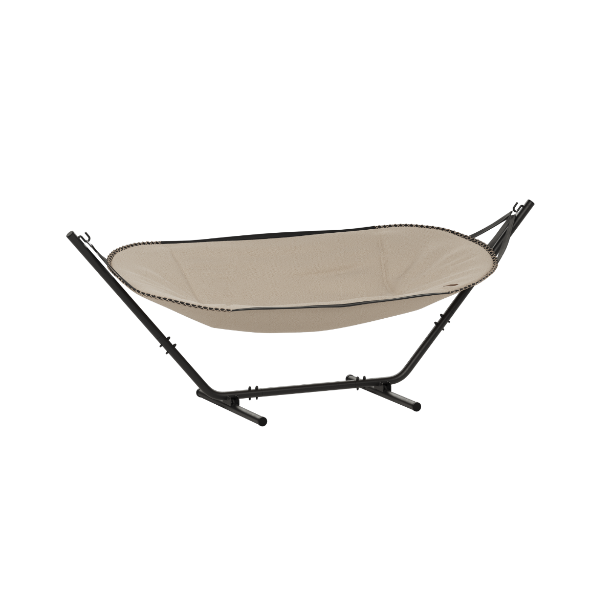 Beige Cobana hammock with soft supportive fabric and sturdy black stand by sackit for relaxing outdoors