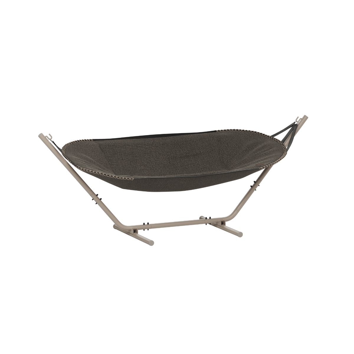 Dark gray Cobana hammock on a freestanding metal stand for comfortable outdoor lounging in the garden or on the terrace by sackit