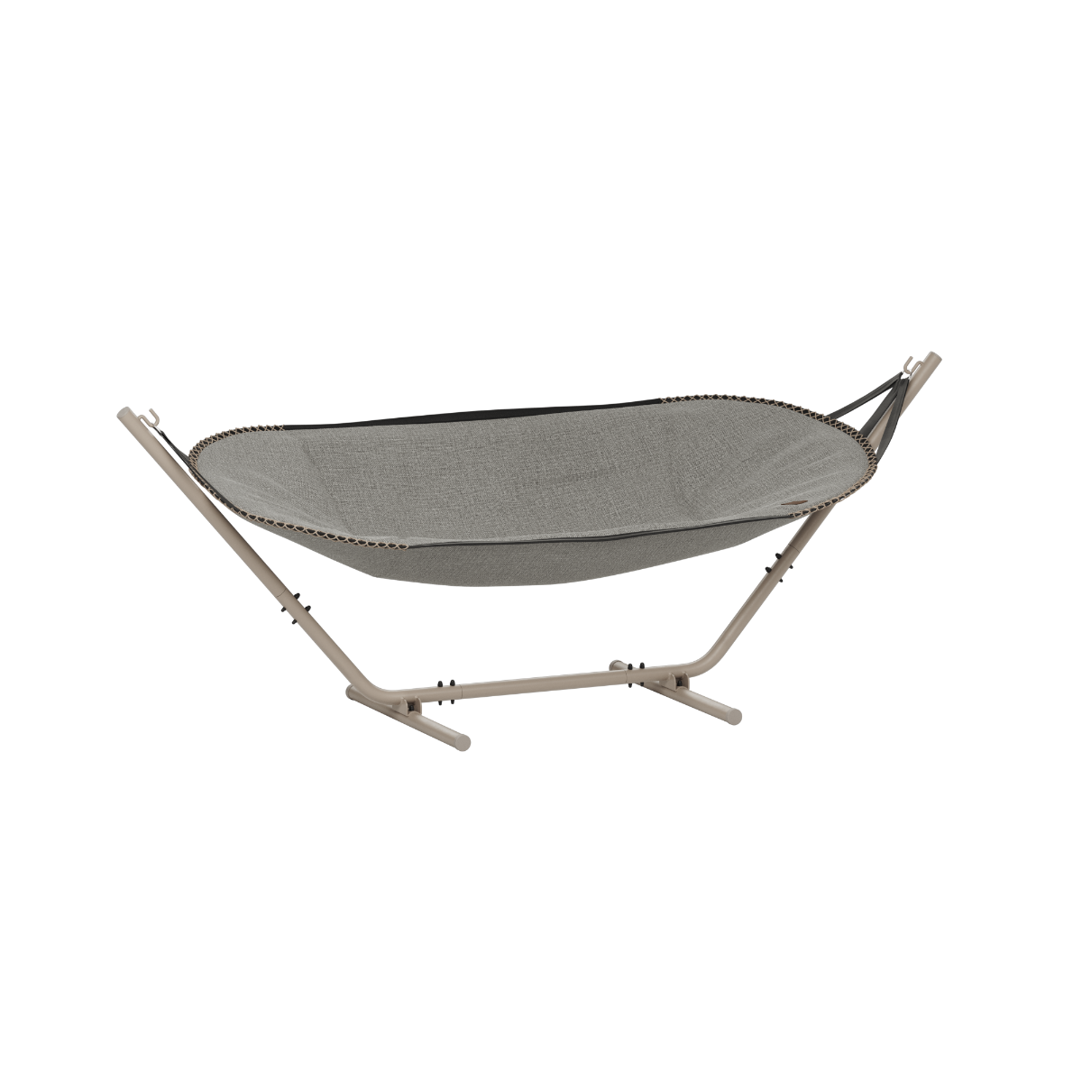 Grey Cobana hammock by sackit with a supportive fabric sling and sturdy stand for relaxing outdoors in the garden or on the terrace