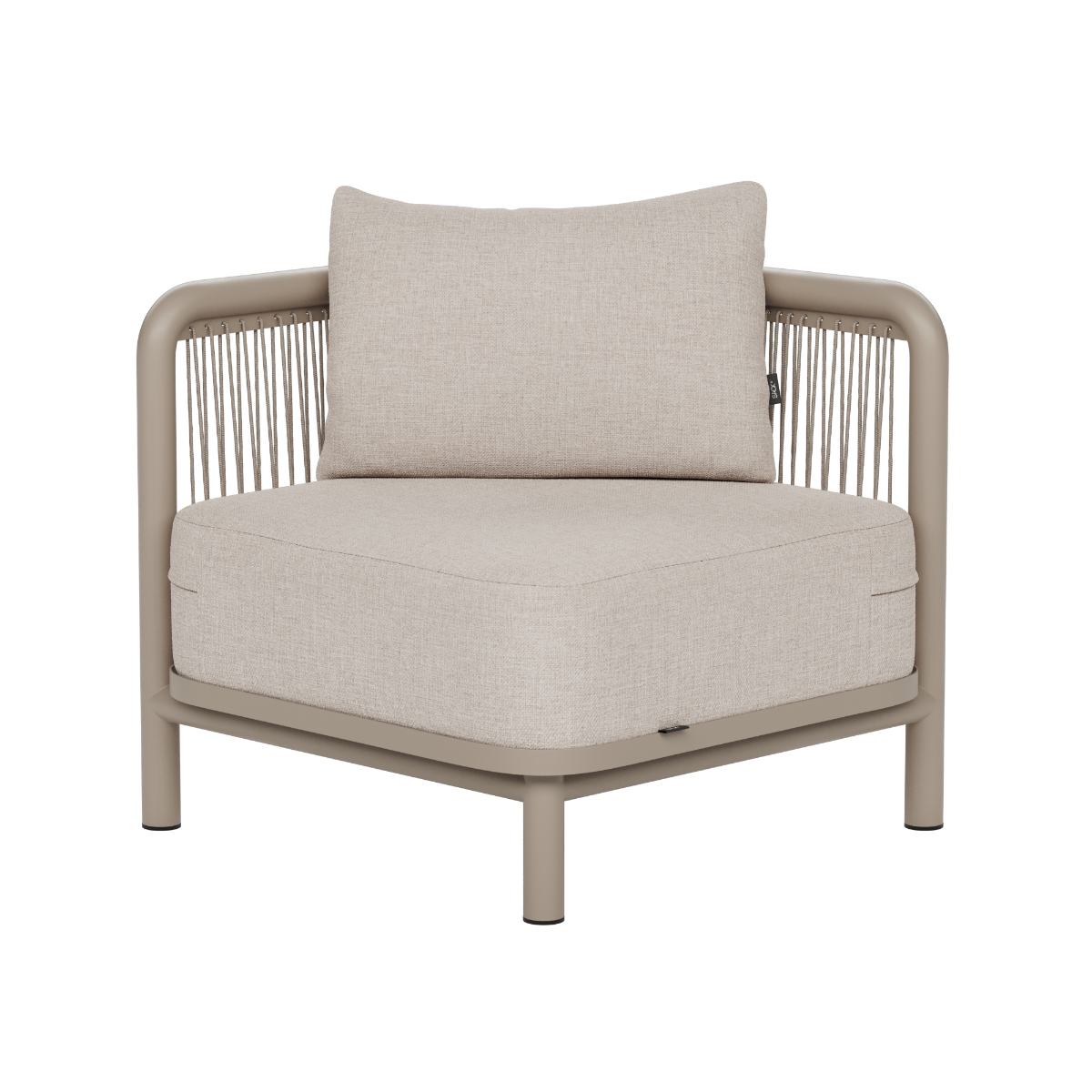 Beige corner outdoor lounge sofa module with woven rope sides and plush cushions designed in Denmark by sackit for modern Nordic gardens