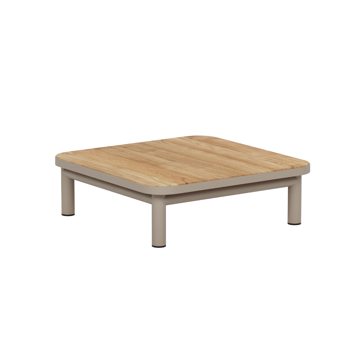 Outdoor coffee table with a warm teak tabletop and durable powder coated aluminum frame in a low square design for Nordic weather by sackit