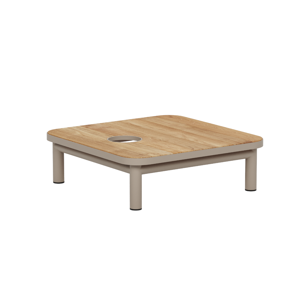 Low outdoor coffee table with a warm teak tabletop and powder coated aluminum frame in beige featuring a square design and circular parasol opening