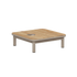 Low outdoor coffee table with a warm teak tabletop and powder coated aluminum frame in beige featuring a square design and circular parasol opening