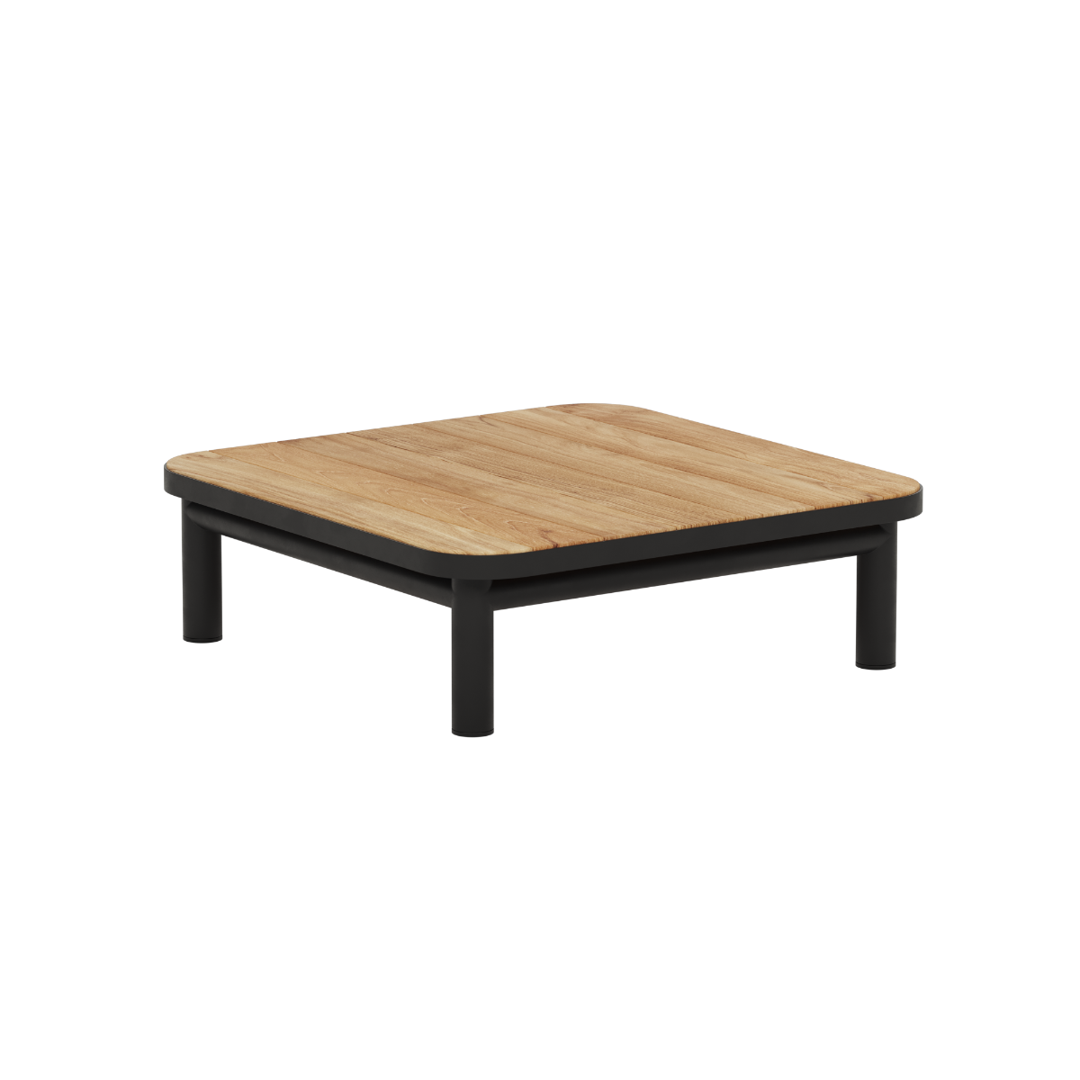 Outdoor coffee table with a natural teak tabletop and black powder coated aluminum frame four legs and rounded edges from sackit