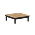 Outdoor coffee table with a natural teak tabletop and black powder coated aluminum frame four legs and rounded edges from sackit