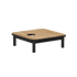 Outdoor coffee table with a teak tabletop and black powder coated aluminum frame designed for Nordic weather by sackit