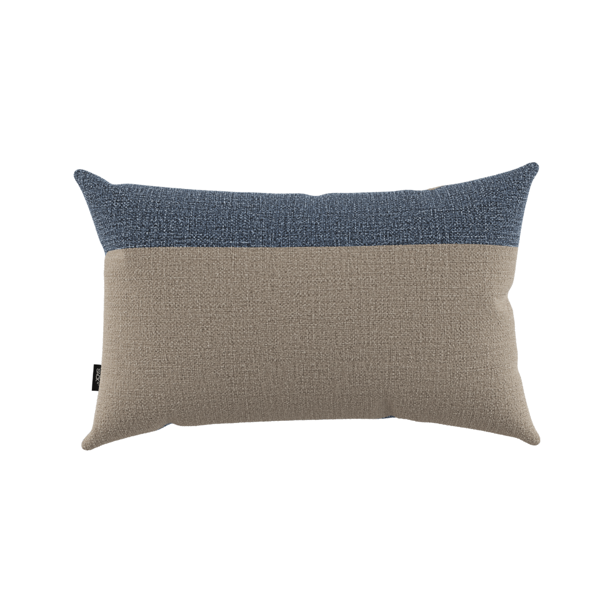 Rectangular Tide Cushion in sand and indigo color blocks, designed for outdoor use with removable cover.
