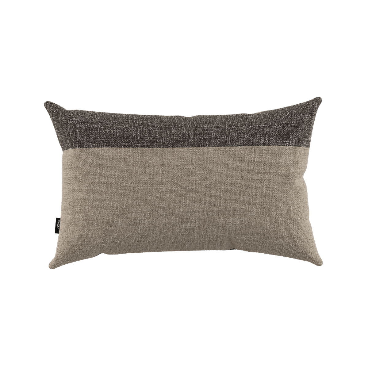 Sand and black Tide Cushion with removable cover designed for outdoor use on lounge furniture.