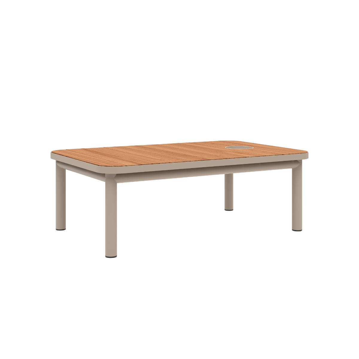Taupe Kirra Coffee Table with teak wood top and accessory fit, designed for outdoor use.