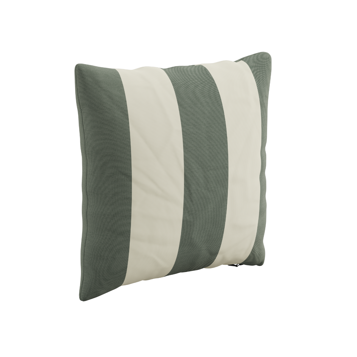 Square outdoor cushion with wide sage green and cream stripes by sackit for comfortable Nordic weather ready garden lounging