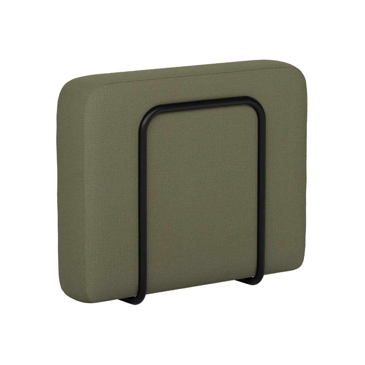 Olive green upholstered outdoor sofa armrest with a rounded rectangular shape and black support frame from sackit for Scandinavian garden furniture