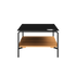 Outdoor patio sofa table with black powder-coated aluminum frame and teak wood shelf underneath