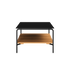 Outdoor patio sofa table with black powder-coated aluminum frame and teak wood shelf underneath