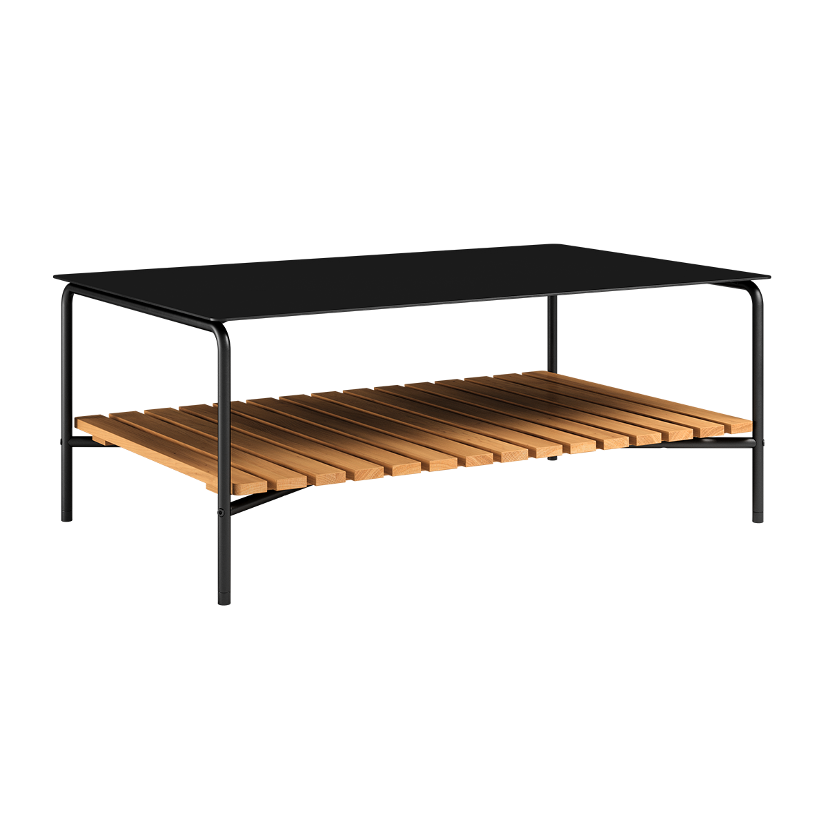 Outdoor patio sofa table with black powder-coated aluminum frame and teak wood shelf underneath