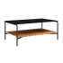 Outdoor patio sofa table with black powder-coated aluminum frame and teak wood shelf underneath