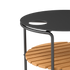 Outdoor patio sofa table with black powder-coated aluminum frame and teak wood shelf underneath