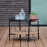 Square outdoor patio sofa table with black powder-coated aluminum frame and teak wood shelf underneath