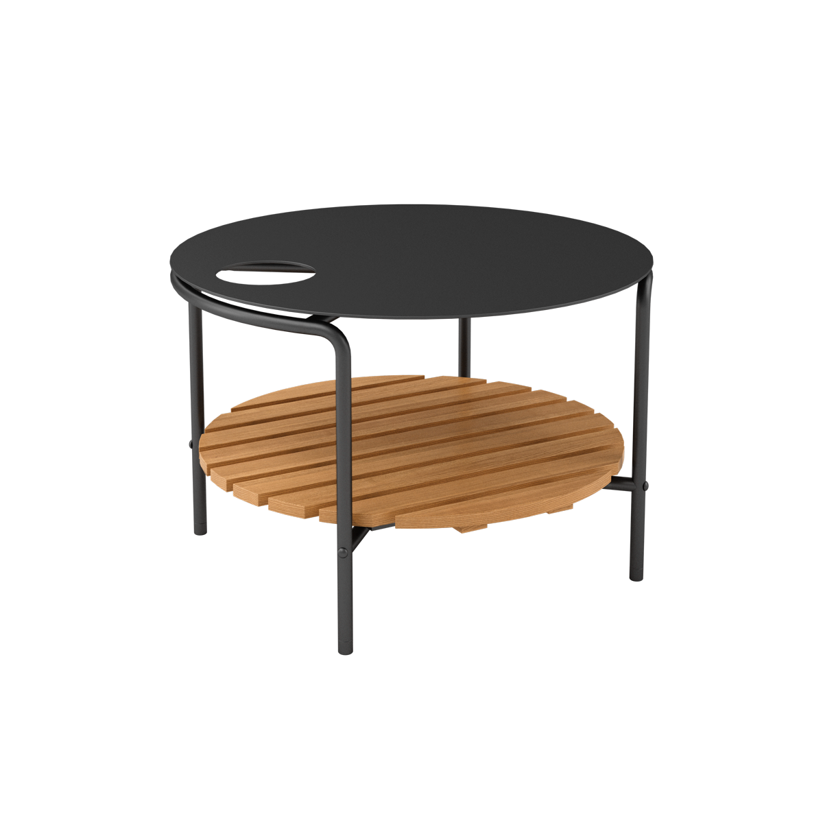 Outdoor patio sofa table with black powder-coated aluminum frame and teak wood shelf underneath