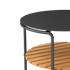 Square outdoor patio sofa table with black powder-coated aluminum frame and teak wood shelf underneath