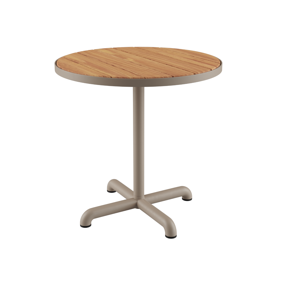 Round taupe Kirra Café Table made of powder-coated aluminum and teak wood, simple outdoor design.