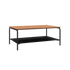 Rectangular outdoor coffee table with black powder-coated aluminum frame and teak wood top, 110x70 cm.
