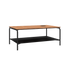 Outdoor patio coffee table with teak wood top and black powder-coated aluminum frame with accessory fit.
