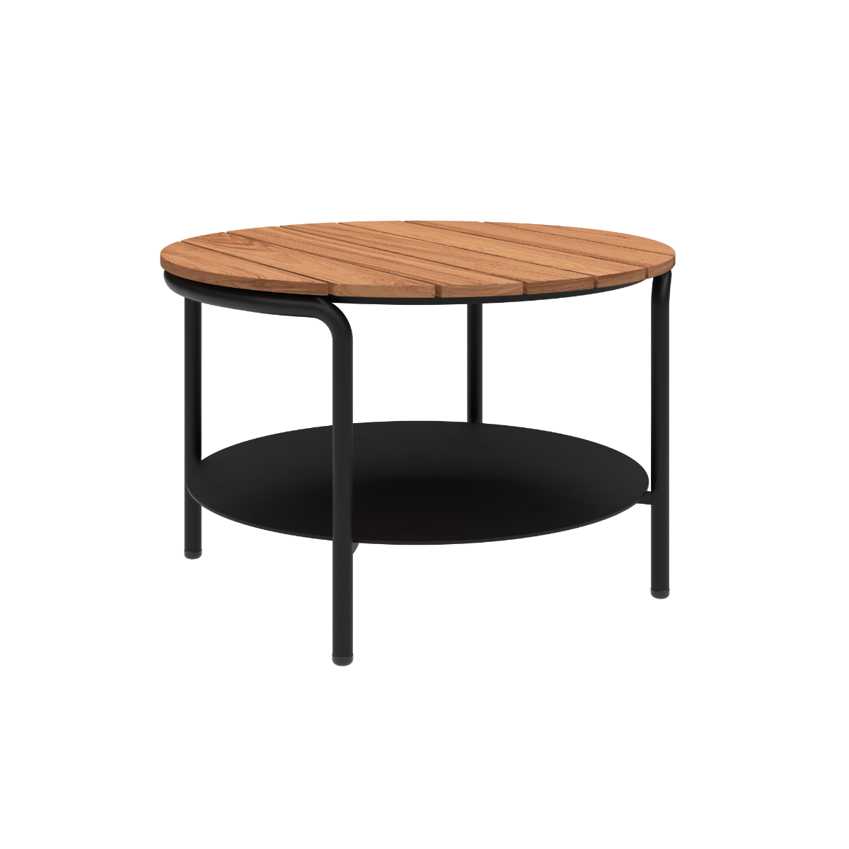 Round outdoor coffee table with black powder-coated aluminum frame and teak wood top, no accessory fit.