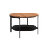 Round outdoor coffee table with black powder-coated aluminum frame and teak wood top, no accessory fit.