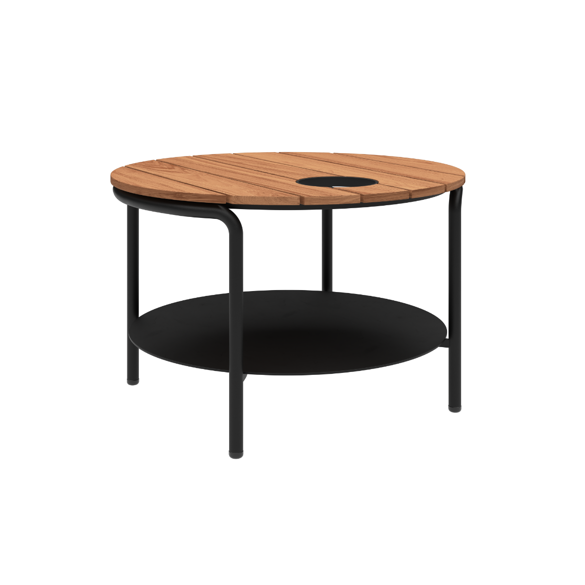 Round outdoor coffee table with teak wood top and black powder-coated aluminum frame with accessory fit.