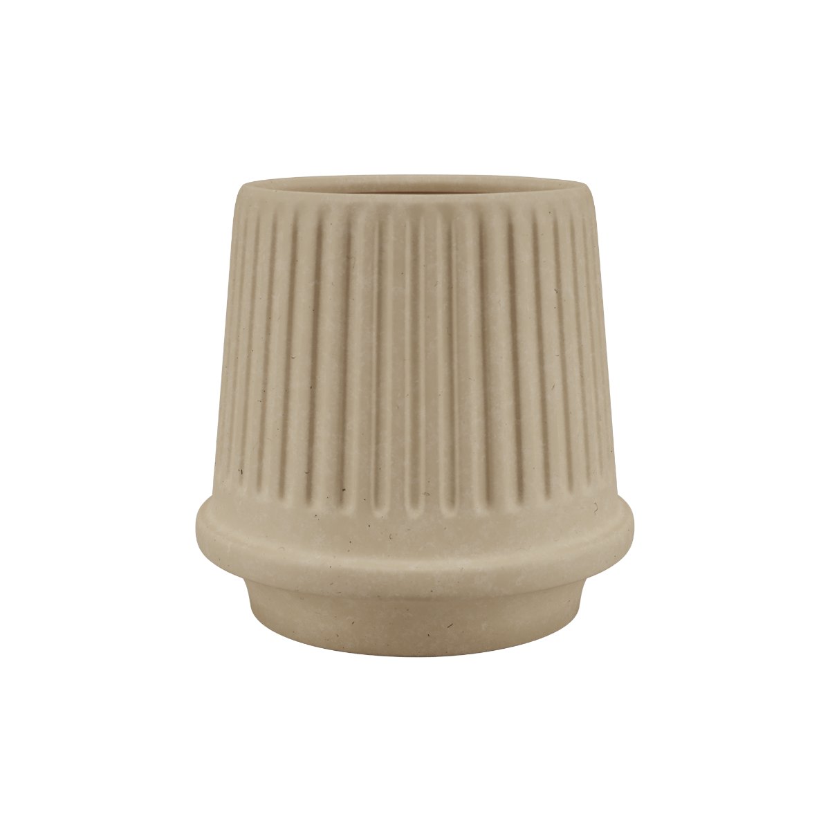 Sand-colored ceramic Gaia 16 planter with fluted surface and drainage hole, frost-resistant design.