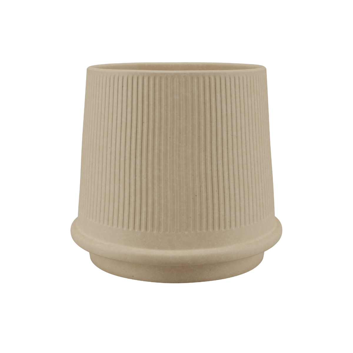 Sand-colored ceramic Gaia 38 outdoor planter with fluted surface and drainage hole