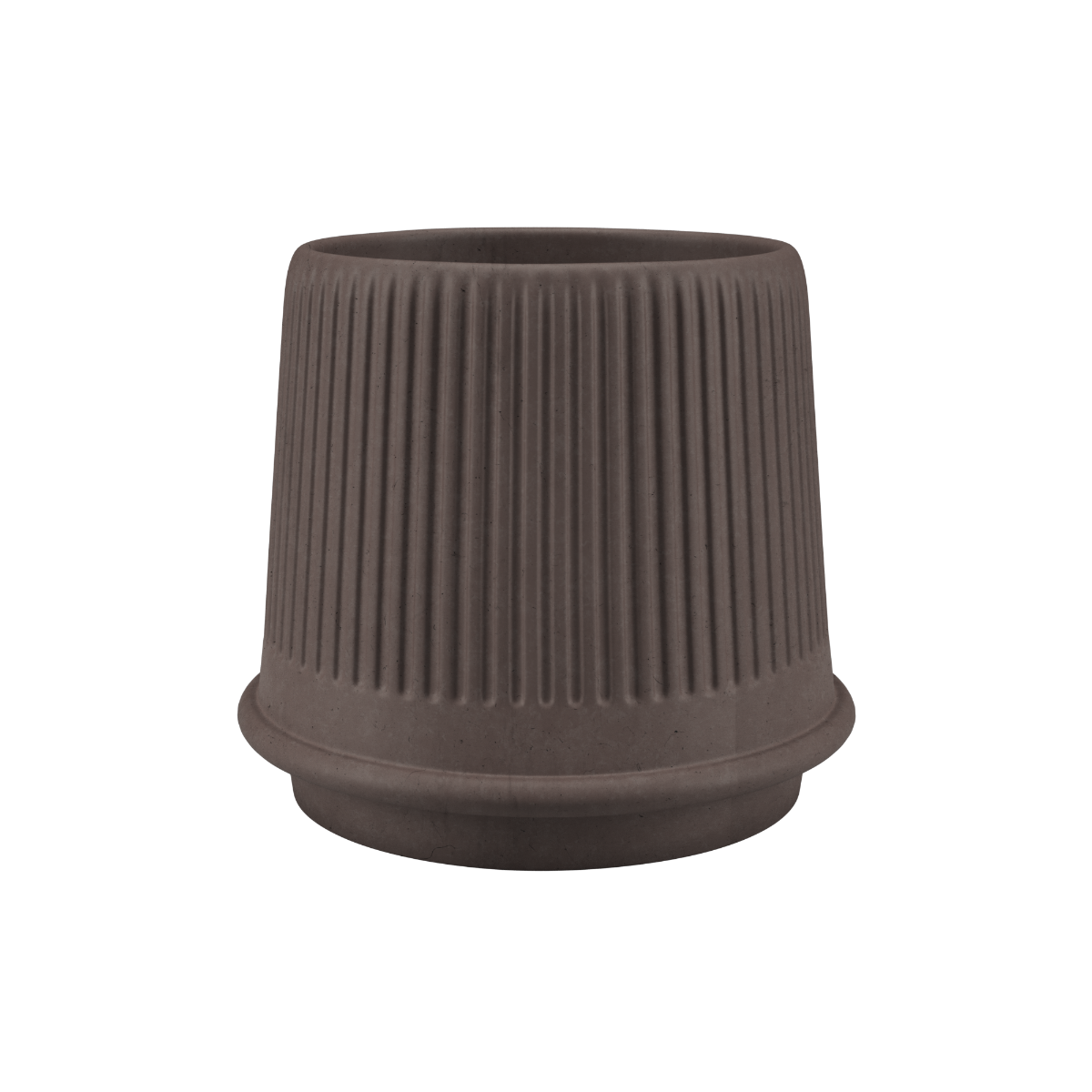 Dark brown Gaia 23 outdoor planter by sackit with a matte fluted surface and rounded base designed for frost resistant Nordic weather