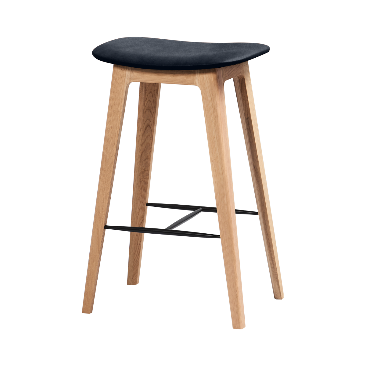 Nordic bar stool with 73 cm height, solid oak frame, and Luna Carbon leather seat in dark gray.