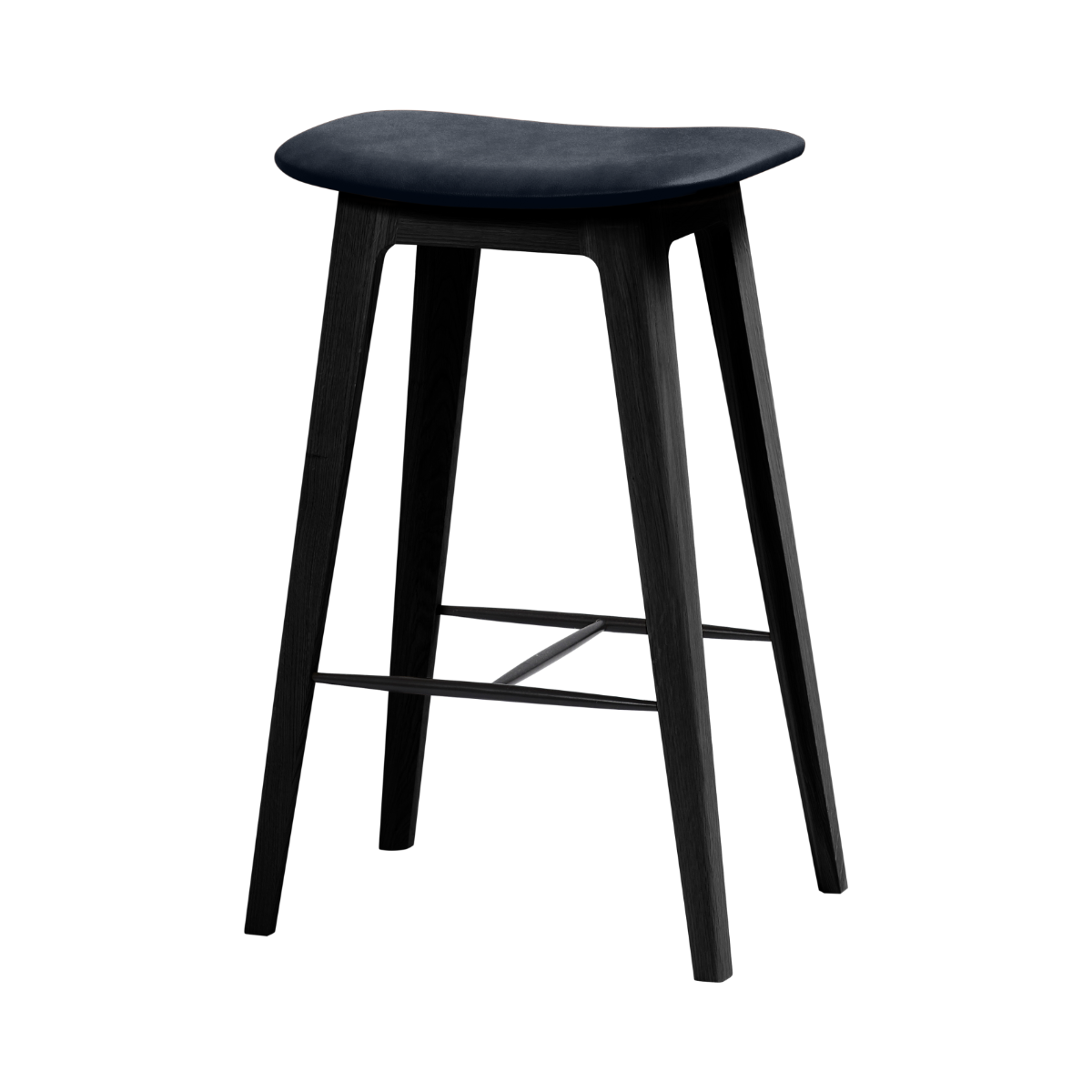 Nordic bar stool in black stained oak with Luna Carbon leather seat and powder coated steel footrest, 73 cm height.