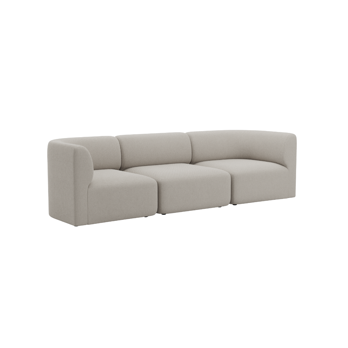Light beige three seat Fjord sofa with soft rounded cushions and curved arms isolated on a black background from sackit