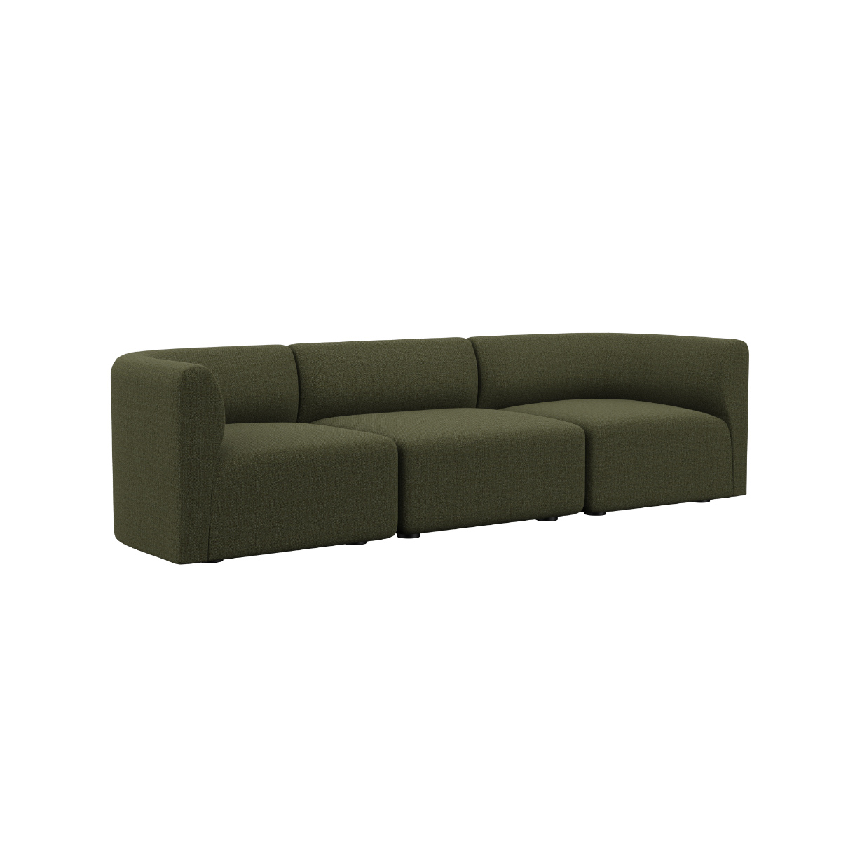 Three-seater Fjord Sofa in Cosmo Olive fabric with soft rounded edges and Scandinavian design.