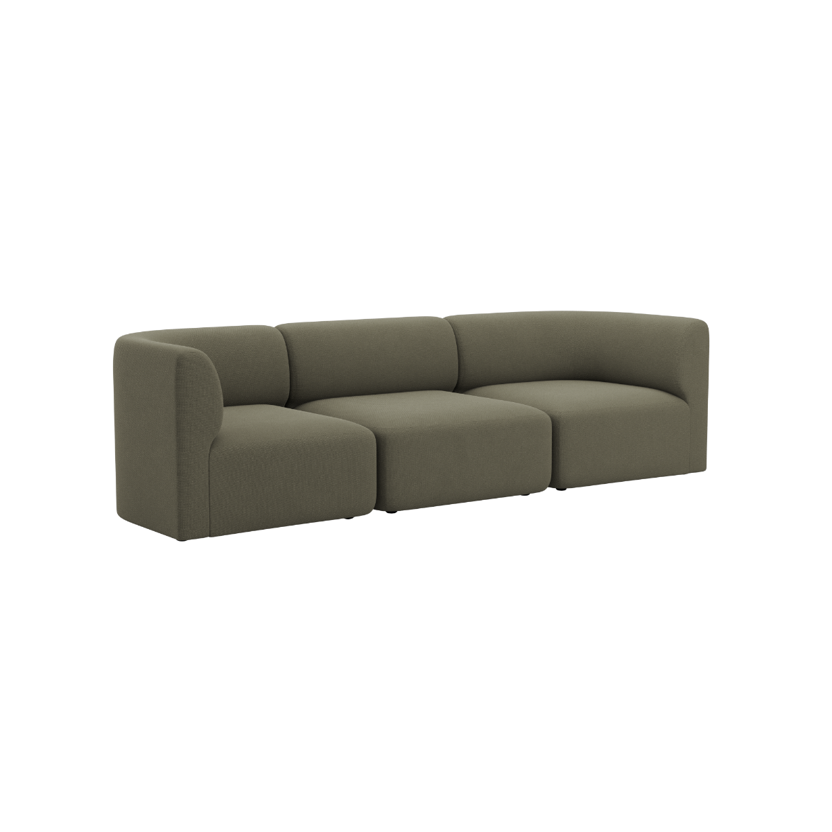 Olive green three seater Fjord sofa with rounded arms and soft cushions on a black background from sackit