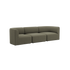 Olive green three seater Fjord sofa with rounded arms and soft cushions on a black background from sackit