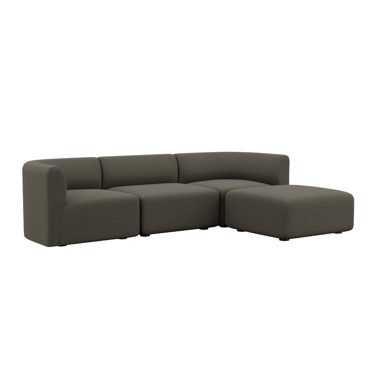 Fjord Sofa 3-seater in Sealife Brown with pouf, rounded edges and soft textile upholstery