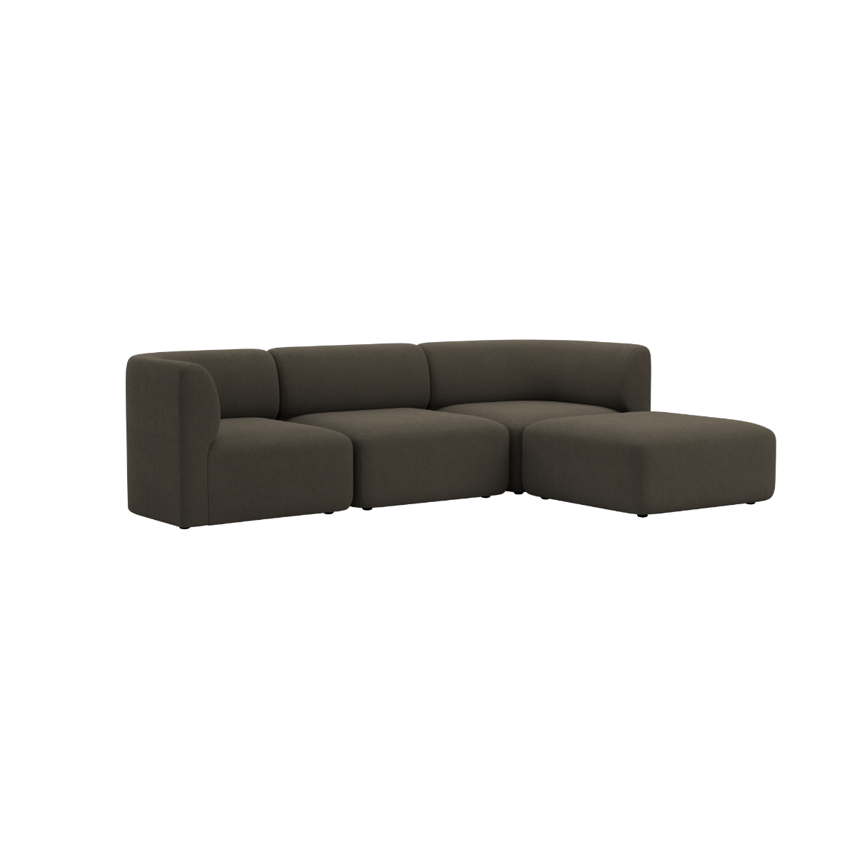 Dark brown Fjord sofa with rounded cushions and a low Scandinavian profile by sackit for comfortable indoor living