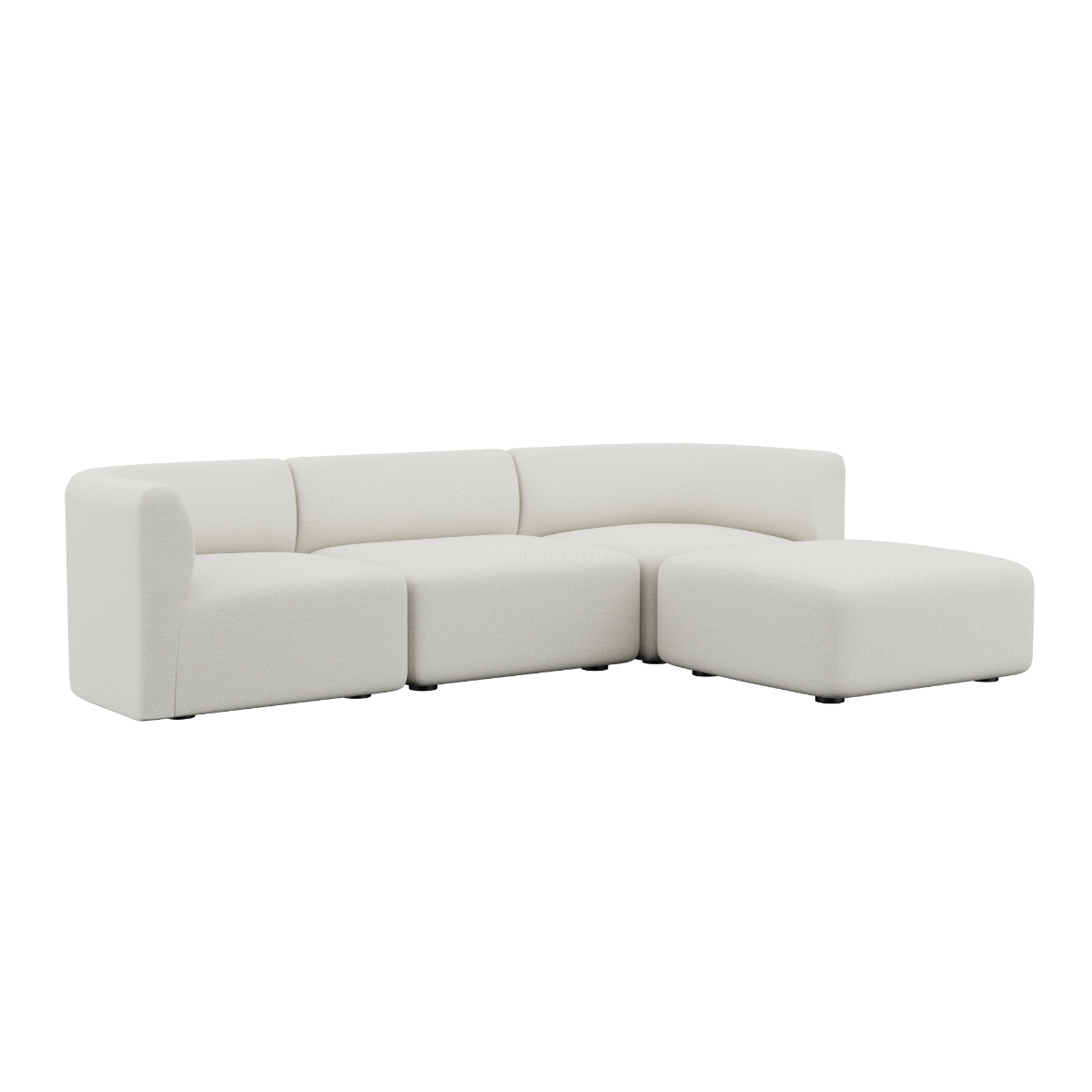 Fjord Sofa 3-seater in Sealife Ivory with pouf, featuring rounded edges and soft textile upholstery.
