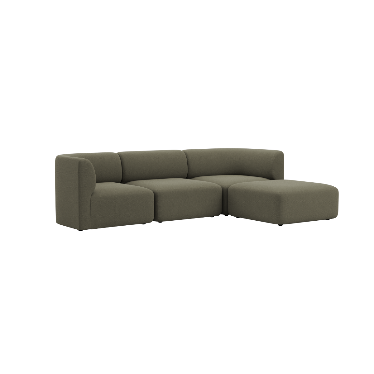Olive green three seat sofa with soft rounded cushions and a spacious chaise lounge in a calm Scandinavian style by sackit