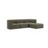 Olive green three seat sofa with soft rounded cushions and a spacious chaise lounge in a calm Scandinavian style by sackit