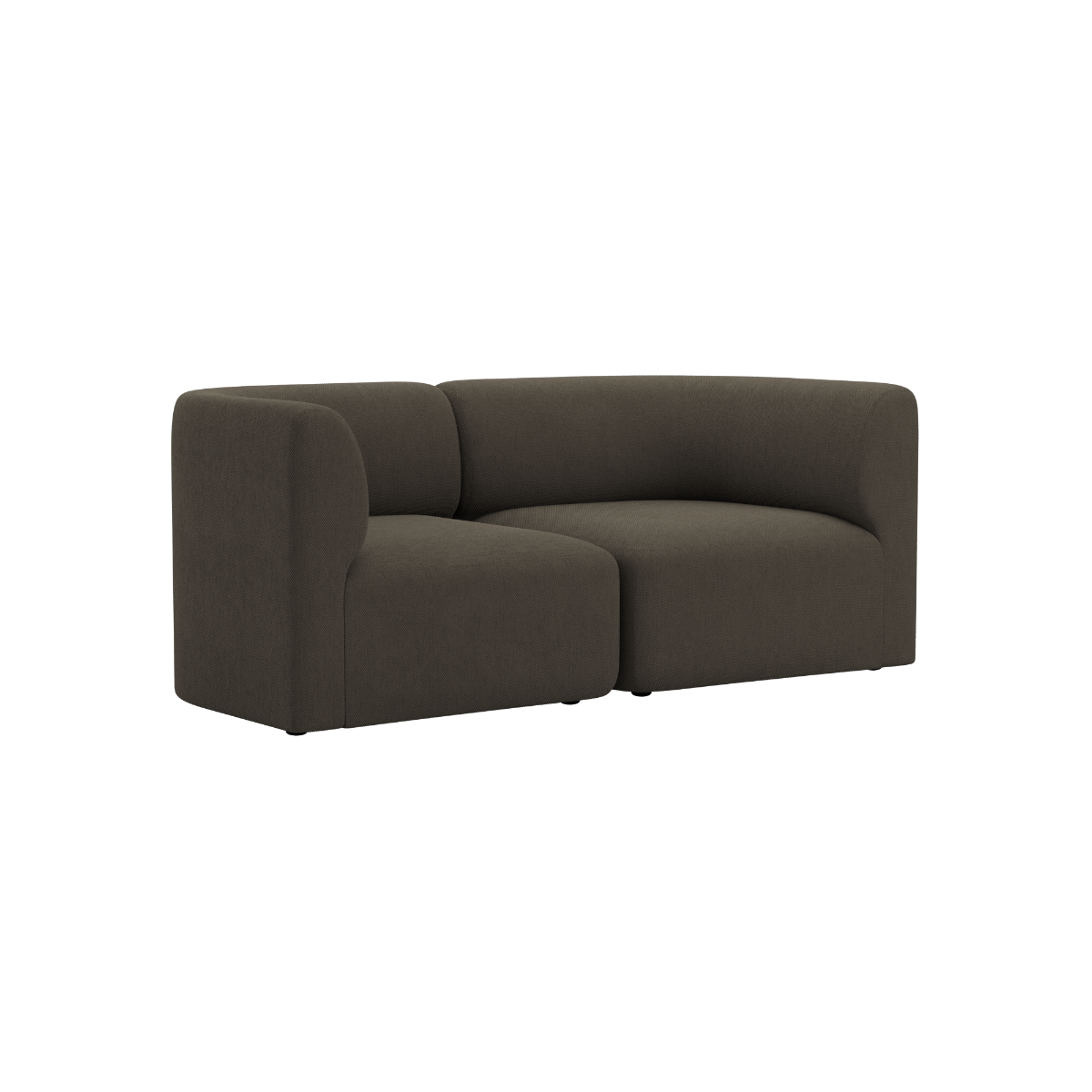 sackit Fjord two seater sofa in dark brown upholstery with rounded arms and soft curved lines on a black background for a calm Scandinavian interior