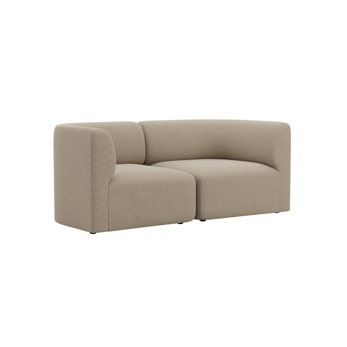 Beige two seater Fjord sofa with soft rounded lines and deep cushions shown against a black background by sackit for calm Scandinavian interiors
