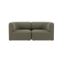 Olive green Fjord two seater sofa with rounded arms and soft upholstered cushions on a plain background from sackit
