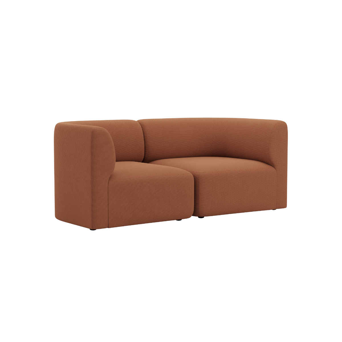 Brown two seater Fjord sofa with rounded arms and soft upholstered cushions on a black background from sackit for calm Scandinavian interiors