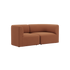 Brown two seater Fjord sofa with rounded arms and soft upholstered cushions on a black background from sackit for calm Scandinavian interiors